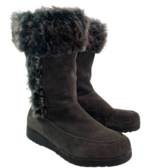 White Mountain Gray Suede Boots 7.5 Fur Lined Mid Calf Cabincore Comfy Winter - Picture 3 of 11